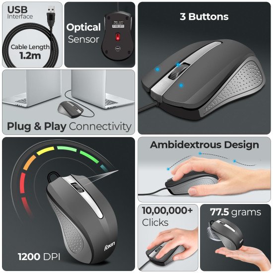 Foxin Glance Grey Wired USB Mouse Foxin Glance Grey Wired USB Mouse
